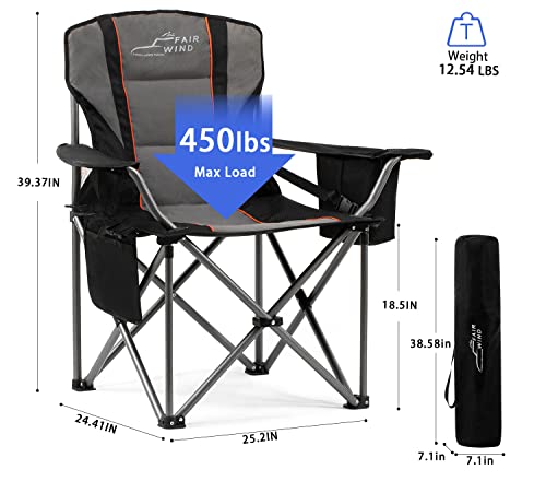 Oversized Fully Padded Camping Chair with Lumbar Support, Heavy Duty Quad Fold Chair with Cooler Bag, Support 450 LBS, Black