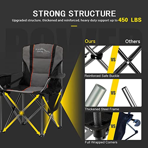 Oversized Fully Padded Camping Chair with Lumbar Support, Heavy Duty Quad Fold Chair with Cooler Bag, Support 450 LBS, Black