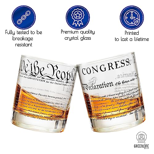 Greenline Goods Whiskey Glasses – United States Constitution + Declaration Glass (Set of 2) - 10 oz Tumblers - American US Patriotic Gift Set - Old Fashioned We The People Cocktail Glasses