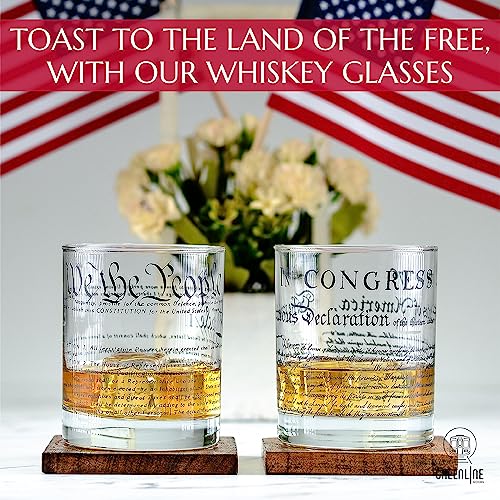 Greenline Goods Whiskey Glasses – United States Constitution + Declaration Glass (Set of 2) - 10 oz Tumblers - American US Patriotic Gift Set - Old Fashioned We The People Cocktail Glasses