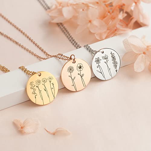 Anavia Multiple Birth Month Flowers Necklace Connection of Family and Friends, Personalized Engraved Floral Coin Necklace, Customized Birthday Jewelry Gift for New Mom Sisters Couple Long Distance Babyshower