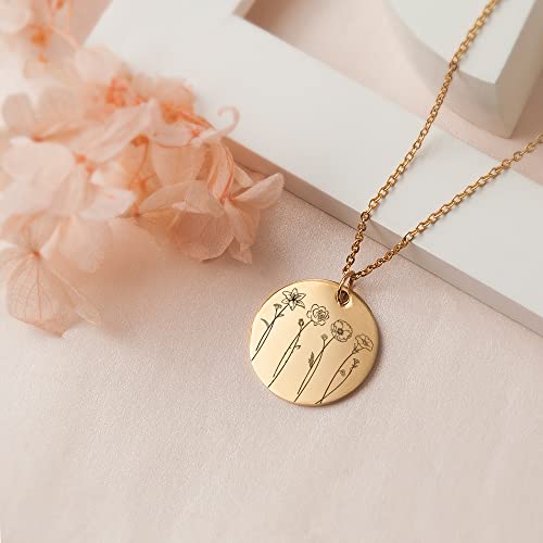 Anavia Multiple Birth Month Flowers Necklace Connection of Family and Friends, Personalized Engraved Floral Coin Necklace, Customized Birthday Jewelry Gift for New Mom Sisters Couple Long Distance Babyshower