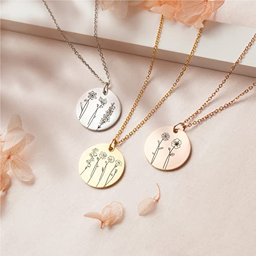 Anavia Multiple Birth Month Flowers Necklace Connection of Family and Friends, Personalized Engraved Floral Coin Necklace, Customized Birthday Jewelry Gift for New Mom Sisters Couple Long Distance Babyshower