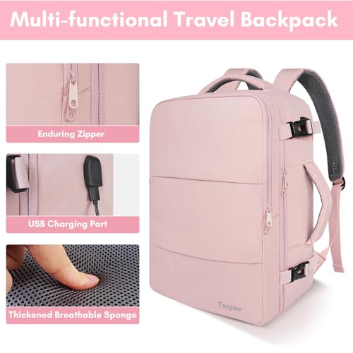 Taygeer Travel Backpack for Women, Carry On Backpack with USB Charging Port & Shoe Pouch, TSA 15.6inch Laptop Backpack Flight Approved, Nurse Bag Casual Daypack for Weekender Business Hiking, Pink