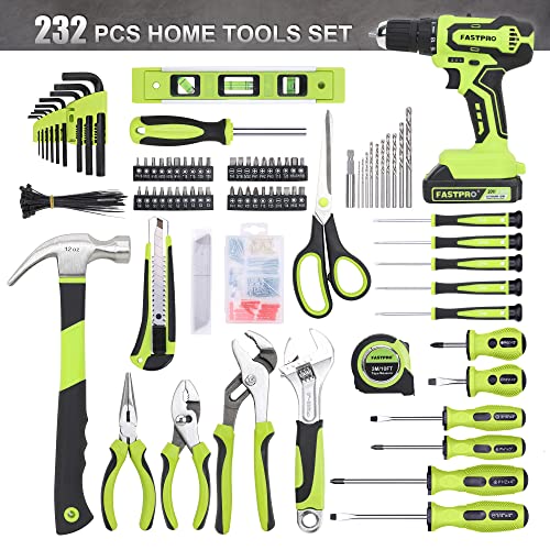 FASTPRO 232-Piece 20V Cordless Lithium-ion Drill Driver and Home Tool Set, Household Repairing Tool Kit with Drill, 12-Inch Wide Mouth Open Storage Tool Bag, Green