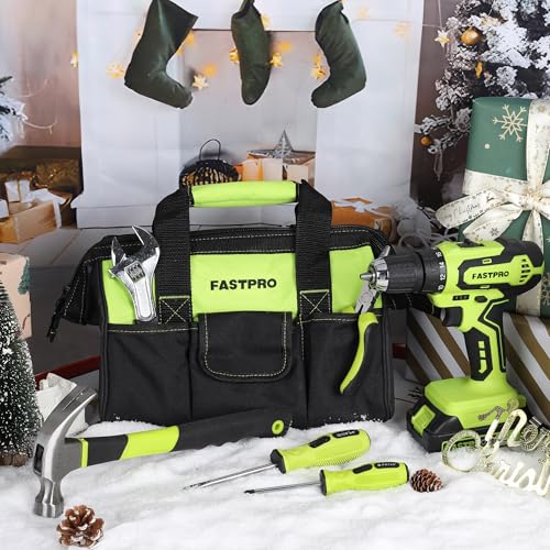 FASTPRO 232-Piece 20V Cordless Lithium-ion Drill Driver and Home Tool Set, Household Repairing Tool Kit with Drill, 12-Inch Wide Mouth Open Storage Tool Bag, Green