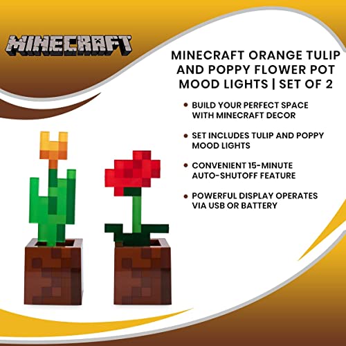 Ukonic Minecraft Orange Tulip & Poppy Flower Pot Mood Lights, Set of 2, Nightstand Table Lamp with LED Light for Bedroom, Desk, Living Room, Home Decor Room Essentials, Video Game Gifts & Collectibles