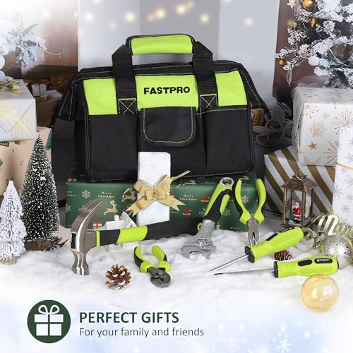 FASTPRO 220-Piece Home Tool Set, Household Repairing Tool Kit, with 12-Inch Wide Mouth Open Storage Tool Bag, Green