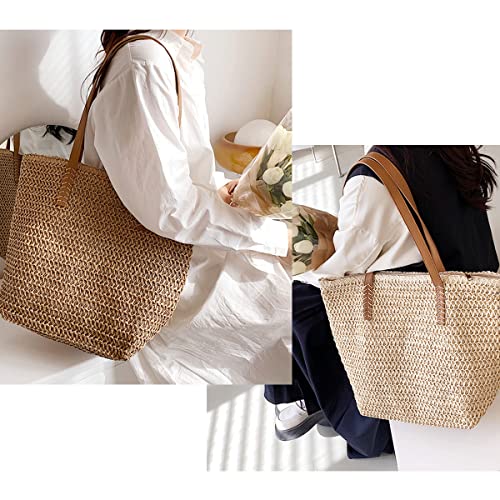 MABROUC Lightweight Straw Bag, Straw Beach Bag for Women, Large Woven Summer Tote Handbag Shoulder Bag for Outdoor Vacation