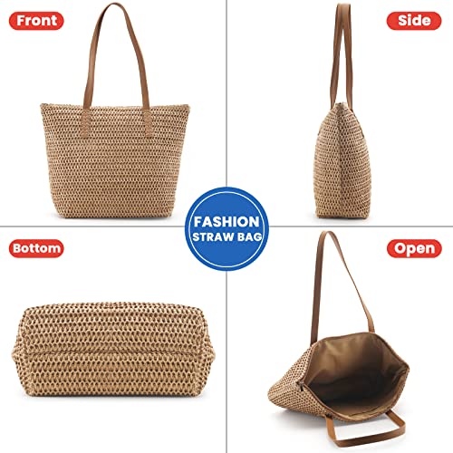 MABROUC Lightweight Straw Bag, Straw Beach Bag for Women, Large Woven Summer Tote Handbag Shoulder Bag for Outdoor Vacation