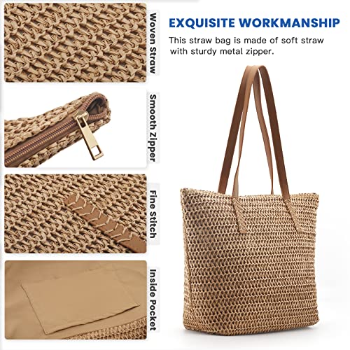 MABROUC Lightweight Straw Bag, Straw Beach Bag for Women, Large Woven Summer Tote Handbag Shoulder Bag for Outdoor Vacation