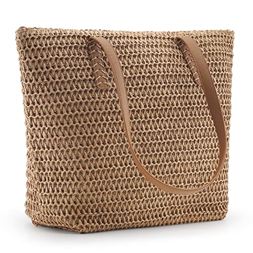 MABROUC Lightweight Straw Bag, Straw Beach Bag for Women, Large Woven Summer Tote Handbag Shoulder Bag for Outdoor Vacation