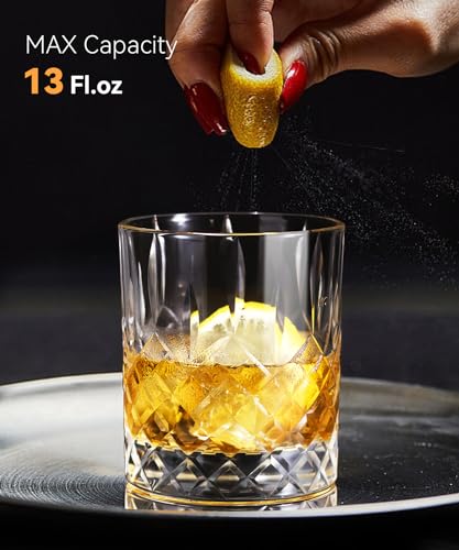 SHOSHIN Premium Hand Cut Whiskey Glasses (13 OZ, Set of 4) - Handmade Double Old Fashioned Scotch Glasses - Gift for Bourbon Lovers - Style Glassware for Rum - 4 Rocks glasses in Gift Box