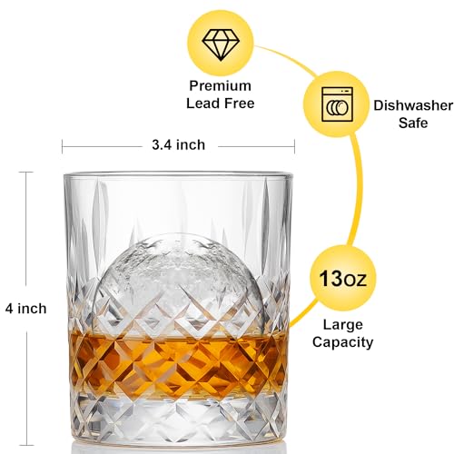 SHOSHIN Premium Hand Cut Whiskey Glasses (13 OZ, Set of 4) - Handmade Double Old Fashioned Scotch Glasses - Gift for Bourbon Lovers - Style Glassware for Rum - 4 Rocks glasses in Gift Box