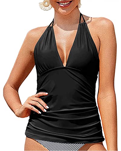 Yonique Women's Halter Tankini Top No Bottom V Neck Swim Top Tummy Control Bathing Suit Top