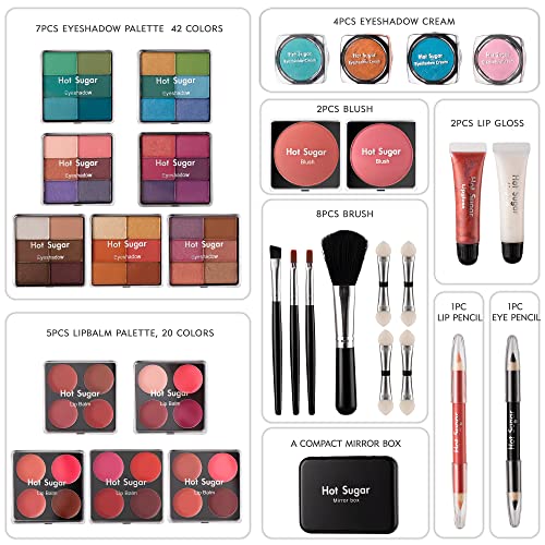 Hot Sugar Makeup Kit for Teenager Girls - Full Starter Cosmetics Set with Eye Shadow Lip Balm Blush Lip Gloss Brush Lip Pencil Eye Pencil and Mirror (Rainbow)