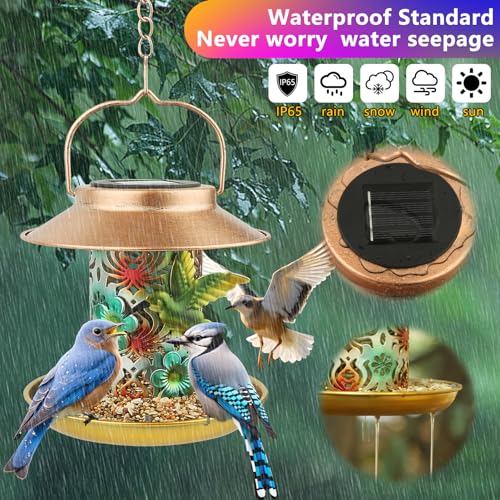 PENXUA Solar Bird Feeder for Outdoors Hunging, Gifts for Mom Grandma Women, Metal Waterproof Outside Wild Bird Feeders,Cardinals Feeders, Gifts for Bird Lovers, Lantern Light, Garden Decoration