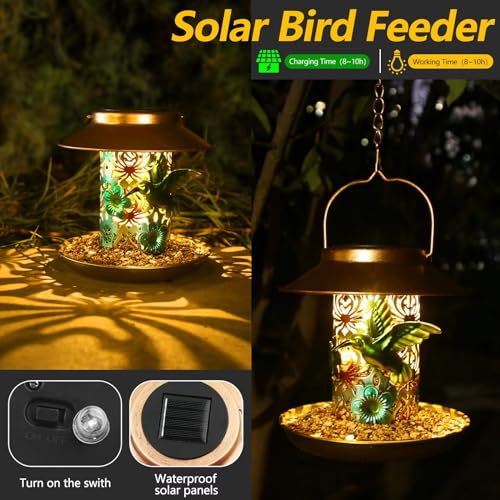 PENXUA Solar Bird Feeder for Outdoors Hunging, Gifts for Mom Grandma Women, Metal Waterproof Outside Wild Bird Feeders,Cardinals Feeders, Gifts for Bird Lovers, Lantern Light, Garden Decoration