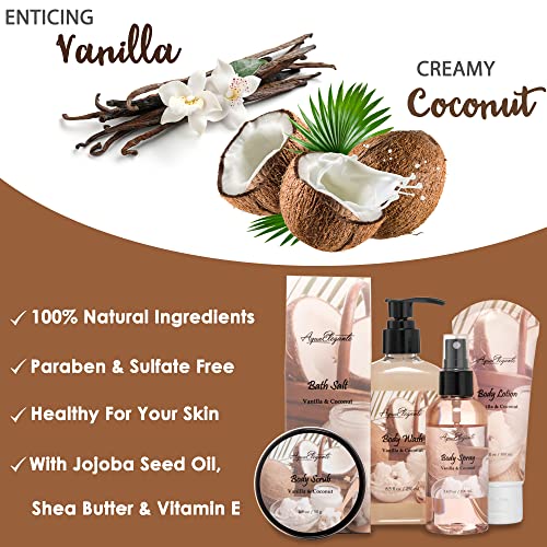 Spa Gift Baskets For Women - Luxury Bath Set With Coconut & Vanilla - Spa Kit Includes Body Wash, Bubble Bath, Lotion, Bath Salts, Body Scrub, Body Spray, Shower Puff, and Towel