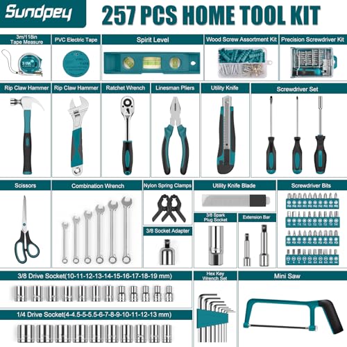 Sundpey Home Tool Kit 257-PCs - Household Basic Repair Tool Set for Men Women - General Hand Mechanic's Tool Set & Screwdriver Set & Wrench Set & Socket & Portable Tool Box Storage Case Blue