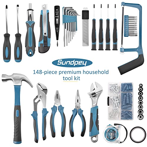 Sundpey Home Tool Kit 148-Pcs - Household Basic Complete Hand Repair portable Tool Set with Case & Ratcheting Screwdriver & Hex Key & Pliers & Wrench & Voltage Tester & Water Pump Plier for Men Women