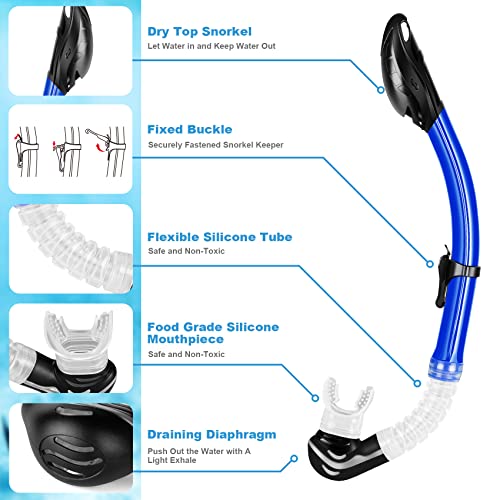 Snorkeling Gear for Adults Kids - Mask Fins Snorkel Set with Panoramic View Snorkel Mask Anti-Fog Anti-Leak, Dry Top Snorkel, Dive Flippers and Gear Bag, Snorkeling Diving Safety Gear