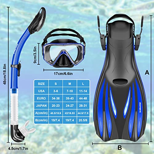 Snorkeling Gear for Adults Kids - Mask Fins Snorkel Set with Panoramic View Snorkel Mask Anti-Fog Anti-Leak, Dry Top Snorkel, Dive Flippers and Gear Bag, Snorkeling Diving Safety Gear