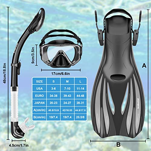 Snorkeling Gear for Adults Kids - Mask Fins Snorkel Set with Panoramic View Snorkel Mask Anti-Fog Anti-Leak, Dry Top Snorkel, Dive Flippers and Gear Bag, Snorkeling Diving Safety Gear