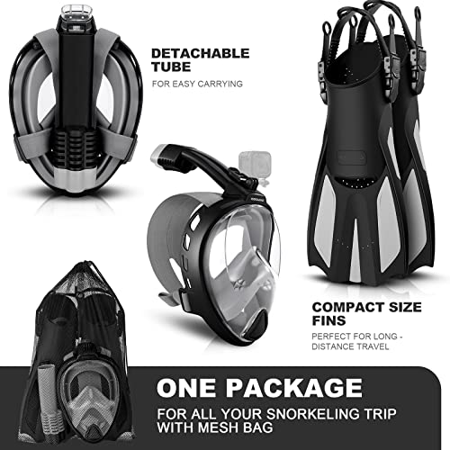 Odoland Snorkeling Packages for Adults & Youth, Full Face Snorkel Mask with Camera Mount, Adjustable Swim Fins, Mesh Bag, Anti-Fog Anti-Leak Scuba Diving Gear for Men & Women