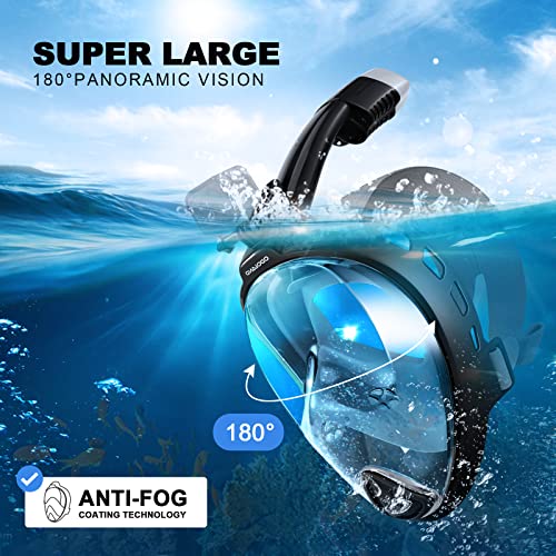 Odoland Snorkeling Packages for Adults & Youth, Full Face Snorkel Mask with Camera Mount, Adjustable Swim Fins, Mesh Bag, Anti-Fog Anti-Leak Scuba Diving Gear for Men & Women