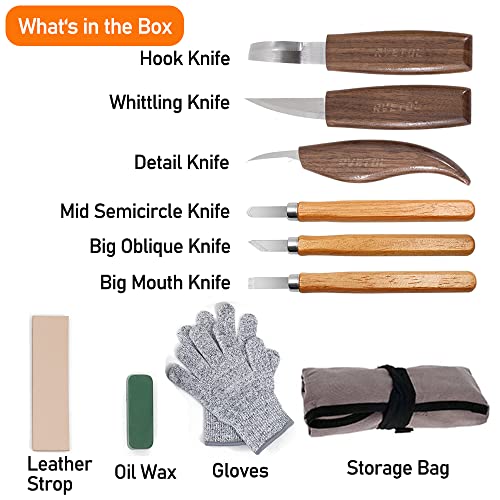 10Pcs Wood Carving Knife Set Beginner Kit, Convenient Tools Set Cut Resistant Gloves Spoon Carving Hook Knife, Wood Carving Whittling Knife, Chip Carving Detail Knife Sandpaper for Woodworking