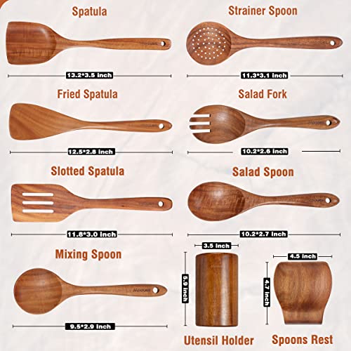 Mooues 9 Piece Natural Teak Wooden Kitchen Utensil Set with Spoon Rest - Comfort Grip Cooking Spoons and Utensils Holder