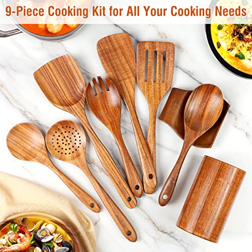 Mooues 9 Piece Natural Teak Wooden Kitchen Utensil Set with Spoon Rest - Comfort Grip Cooking Spoons and Utensils Holder