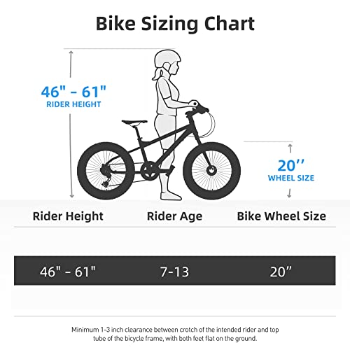 JOYSTAR 20 Inch Mountain Bike for Kids Ages 7-12 Year Old, 3-Inch Wide Knobby Tires, 7 Speed Shimano Drivetrain, Disc Brakes, Fat Tire Kids Bicycles for Boys Girls