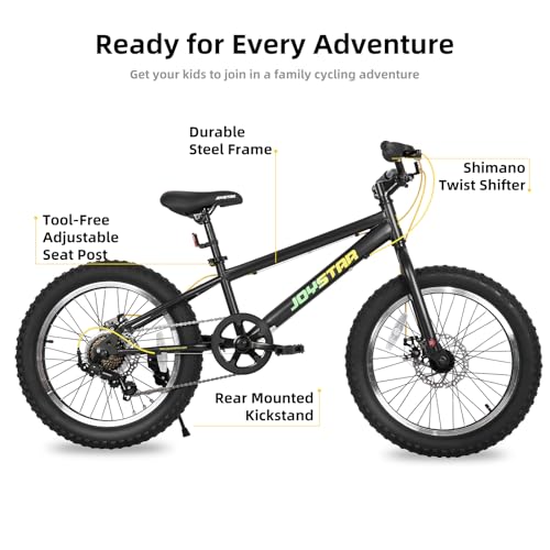 JOYSTAR 20 Inch Mountain Bike for Kids Ages 7-12 Year Old, 3-Inch Wide Knobby Tires, 7 Speed Shimano Drivetrain, Disc Brakes, Fat Tire Kids Bicycles for Boys Girls