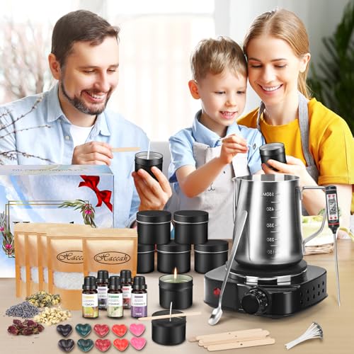 Complete Candle Making Kit with Wax Melter, Making Supplies,DIY Arts&Crafts Gift for Kids,Beginners,Adults,Including 500w Electronic Stove,Wicks,Rich Scents,Dyes,Melting Pot,Candle tins