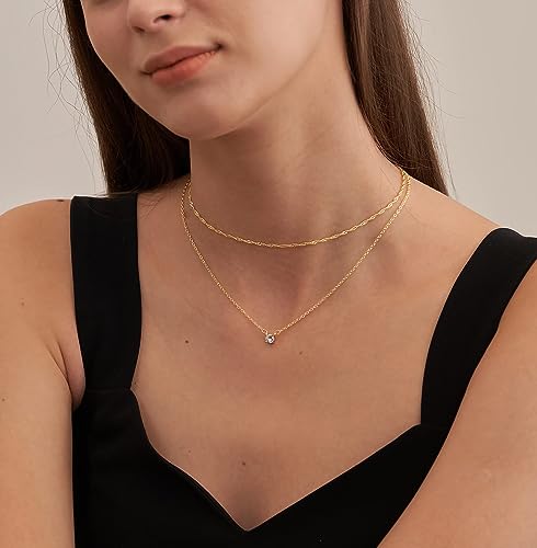 Tewiky Gold Necklace, Dainty Gold Layered Gold Plated Diamond Necklaces Simple CZ Solitaire Pendant Necklace Cute Gold Cubic Zirconia Chain Choker for Women Trendys Gold Jewelry Gift