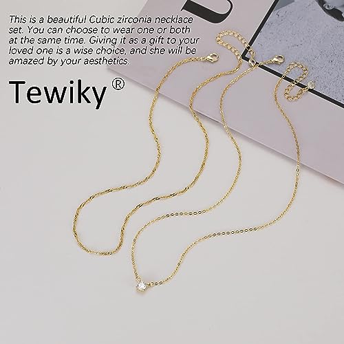 Tewiky Gold Necklace, Dainty Gold Layered Gold Plated Diamond Necklaces Simple CZ Solitaire Pendant Necklace Cute Gold Cubic Zirconia Chain Choker for Women Trendys Gold Jewelry Gift