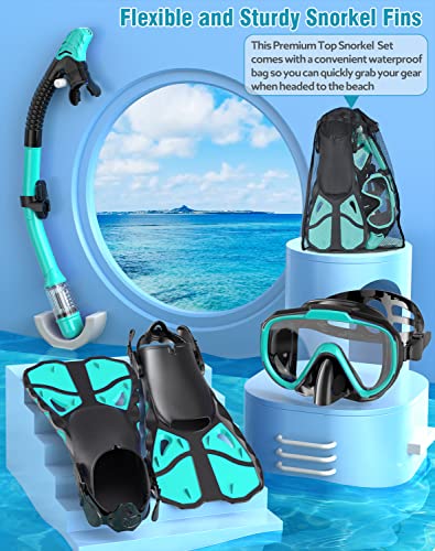 Snorkel Set with Fins for Adults, Mask Fins Snorkel Gear for Men and Women, Dry Top Snorkel Mask Snorkel Fins Combo Set with Travel Bag for Snorkeling, Diving, Swimming