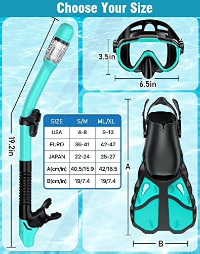 Snorkel Set with Fins for Adults, Mask Fins Snorkel Gear for Men and Women, Dry Top Snorkel Mask Snorkel Fins Combo Set with Travel Bag for Snorkeling, Diving, Swimming