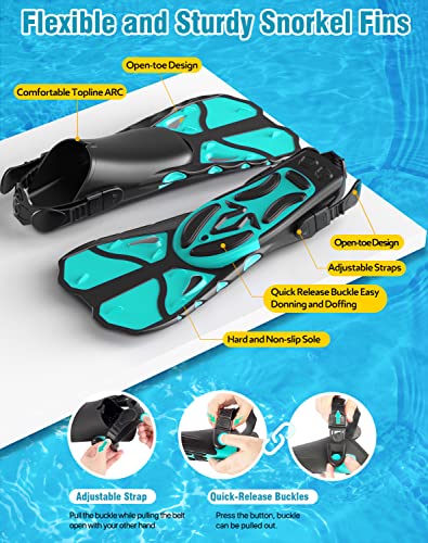 Snorkel Set with Fins for Adults, Mask Fins Snorkel Gear for Men and Women, Dry Top Snorkel Mask Snorkel Fins Combo Set with Travel Bag for Snorkeling, Diving, Swimming