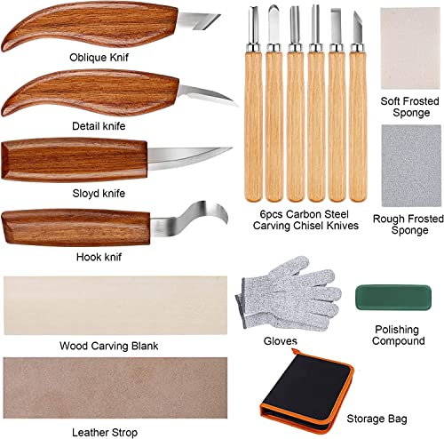 26-in-1 Wood Carving Kit with Detail Wood Carving Knife, Whittling Knife, Wood Chisel Knife, Gloves, Carving Knife Sharpener for Spoon, Bowl, Kuksa Cup (Carving Knife Kits)