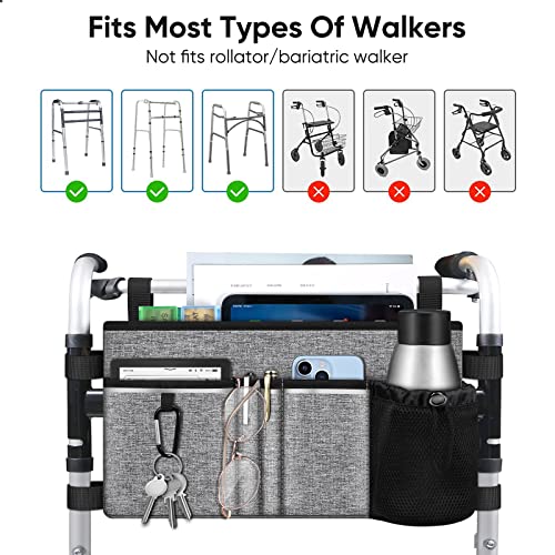 FINPAC Large Walker Tote Bag with Cup Holder, Folding Walker Attachment Hands-Free Storage Basket Mobility Aid Accessory Pouch for Elderly, Senior, Gray