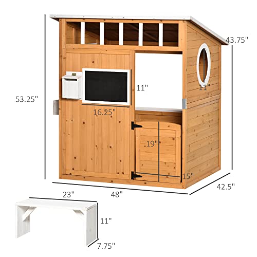 Outsunny Wooden Playhouse for Kids Outdoor with Working Door, Windows, Mailbox, Bench, Flowers Pot Holder, 48" x 42.5" x 53