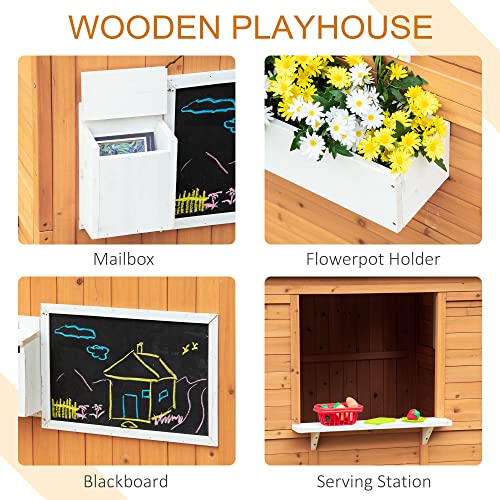 Outsunny Wooden Playhouse for Kids Outdoor with Working Door, Windows, Mailbox, Bench, Flowers Pot Holder, 48" x 42.5" x 53