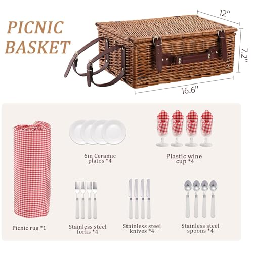 Picnic Basket for 4 Persons with Waterproof Picnic Blanket and Insulated Cooler, Large Wicker Picnic Basket for Camping, Outdoors, Valentine's Day, Christmas, Birthday, Wedding Gift, Pink