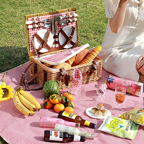 Picnic Basket for 4 Persons with Waterproof Picnic Blanket and Insulated Cooler, Large Wicker Picnic Basket for Camping, Outdoors, Valentine's Day, Christmas, Birthday, Wedding Gift, Pink