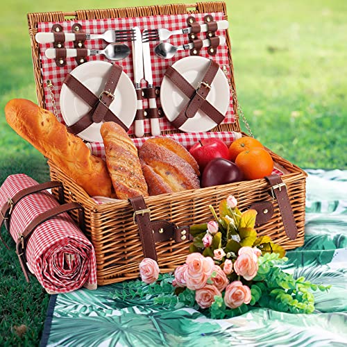 Picnic Basket for 4 Persons with Waterproof Picnic Blanket and Insulated Cooler, Large Wicker Picnic Basket for Camping, Outdoors, Valentine's Day, Christmas, Birthday, Wedding Gift, Pink