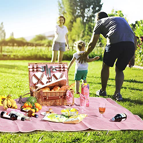 Picnic Basket for 4 Persons with Waterproof Picnic Blanket and Insulated Cooler, Large Wicker Picnic Basket for Camping, Outdoors, Valentine's Day, Christmas, Birthday, Wedding Gift, Pink