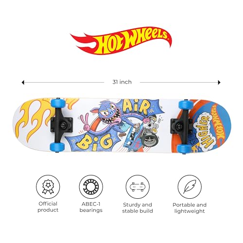 Hot Wheels 31 inch Skateboard, 9-ply Maple Desk Skate Board for Cruising, Carving, Tricks and Downhill